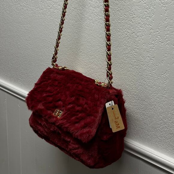 NWT, Hello 3 am Women’s Faux Fur & Faux Leather Burgundy Hand Bag or CrossBody - Picture 7 of 16